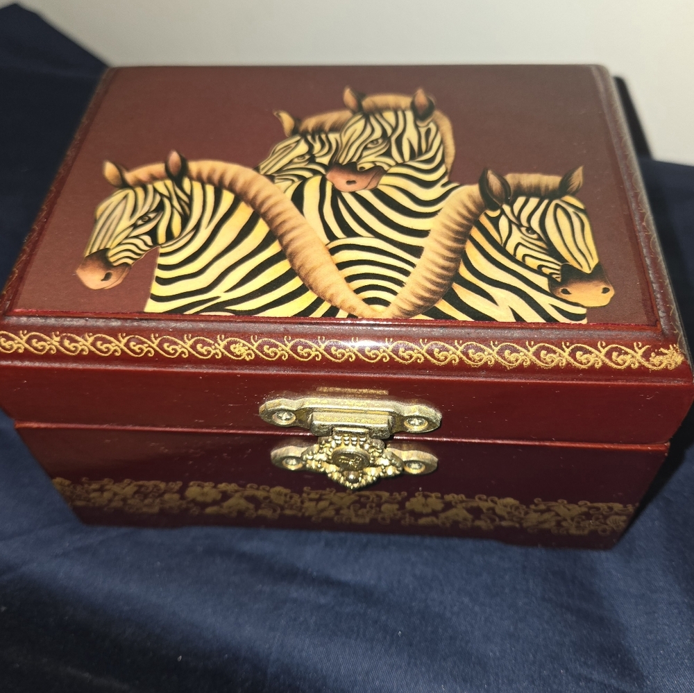 VTG Ornate Wooden Trinket Box Hinged Velvet Lined Zebra And Gold Floral Design